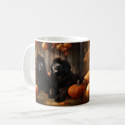 Mug Terre-Neuve Chiot Automne Citrouille de plaisir (Devant gauche)