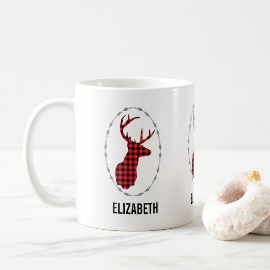 Mug Tête de cerf avec Antlers - Rouge rustique Plaid (Avec donut)