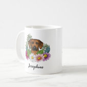 Mug Tête de chien Rhodesian Ridgeback Fleurs et nom (Devant gauche)