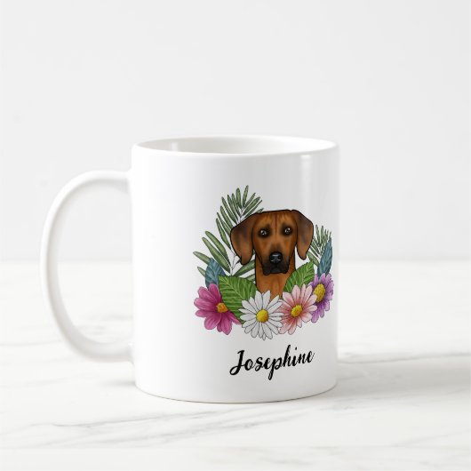 Mug Tête de chien Rhodesian Ridgeback Fleurs et nom (Gauche)