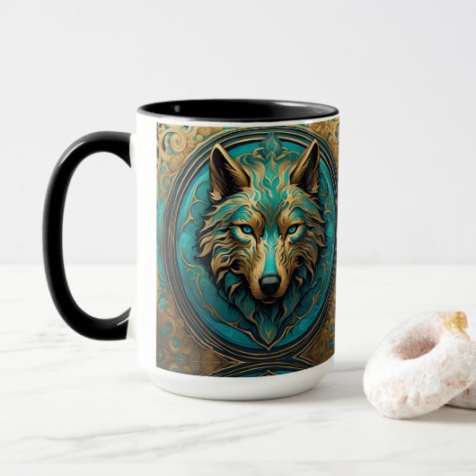 Mug Tête de loup d'or et de turquoise (Avec donut)