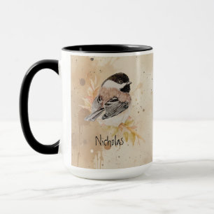 Mug Texte de nom personnalisé Oiseau mésangeau aquarel