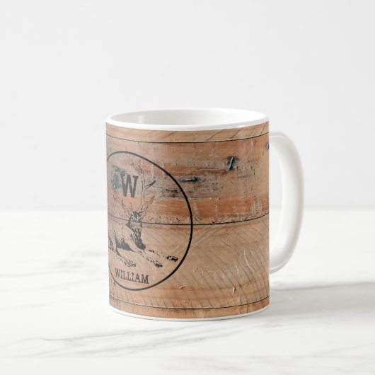 Mug Texture en bois rustique et monogramme de cerfs su (Devant droit)