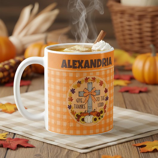 Mug Thanksgiving Give Thanks To The Lord Orange Plaid
