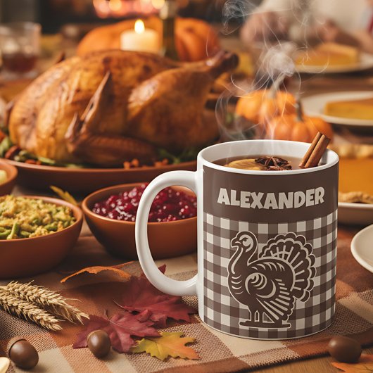 Mug Thanksgiving Turkey Brown & Tan Plaid Name