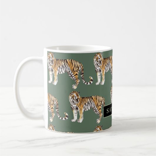 Mug Tigres d'aquarelle verte tropicale Motif avec nom (Gauche)