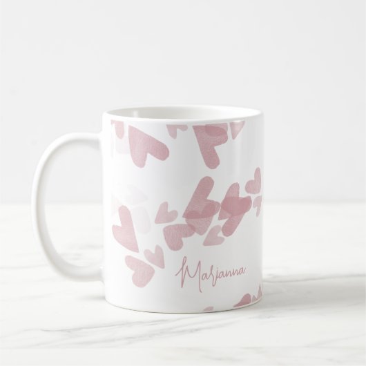 Mug Timbres de cœur à l'aquarelle Nom de script rose (Gauche)