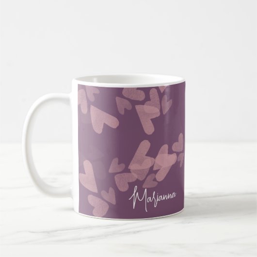 Mug Timbres de cœur à l'aquarelle Rose Script Nom Mauv (Gauche)