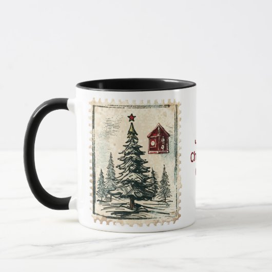 Mug Timbres de Noël Vintage. Nom modifiable. (Gauche)