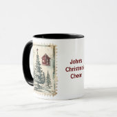Mug Timbres de Noël Vintage. Nom modifiable. (Devant gauche)