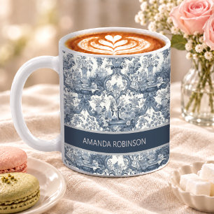 Mug Toile de Jouy florale damassée bleue vintage avec