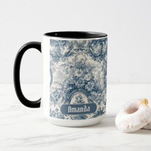 Mug Toile de jouy florale vintage monogramme bleu