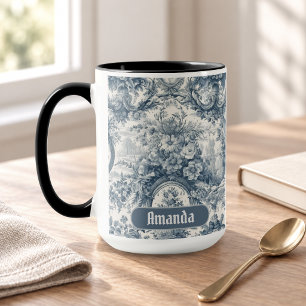 Mug Toile de jouy florale vintage monogramme bleu