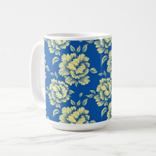 Mug Toile de pivoine bleu et jaune - Décor champêtre f