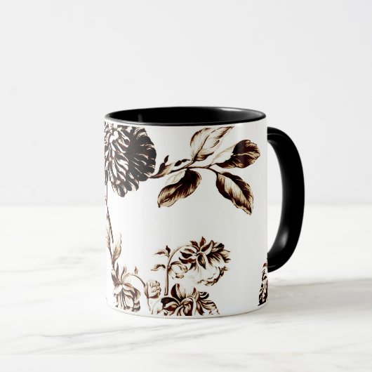 Mug Toile floral botanique en bronze noir et blanc (Devant droit)