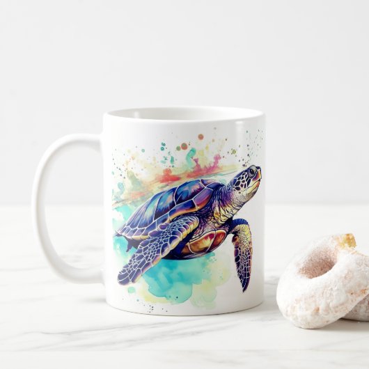 Mug Tortue de mer Peinture d'aquarelle de natation (Avec donut)