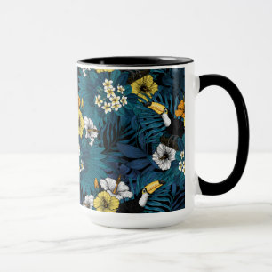 Mug Toucans et flore tropicale, bleu, jaune, orange