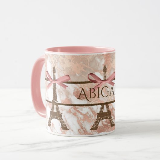 Mug Tour Eiffel personnalisée Marbre blanc, rose rose (Devant gauche)