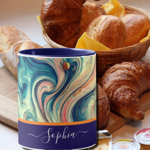 Mug Tourbillons bleus et or abstraits - ajouter un nom