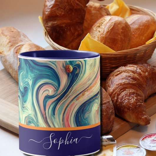 Mug Tourbillons bleus et or abstraits - ajouter un nom