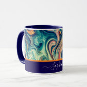 Mug Tourbillons bleus et or abstraits - ajouter un nom (Devant gauche)