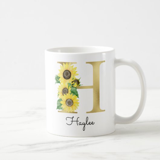Mug Tournesol doré Monogramme Initiale H Floral Fille (Droite)