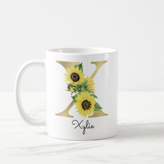 Mug Tournesol Floral Initial X Or Monogrammé (Gauche)