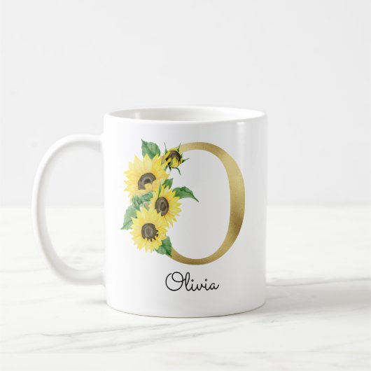 Mug Tournesol Floral Initiale O en or personnalisé (Gauche)