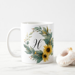 Mug Tournesol Initial Élégant Aquarelle Vintage