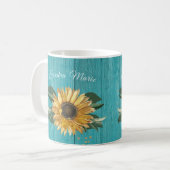 Mug Tournesol jaune doré rustique Bois Turquoise | nom (Devant gauche)