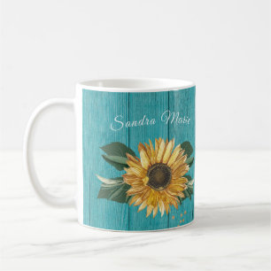 Mug Tournesol jaune doré rustique Bois Turquoise nom