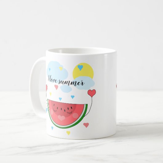 Mug tranche de pastèque, texte, "J'aime l'été", (Devant gauche)