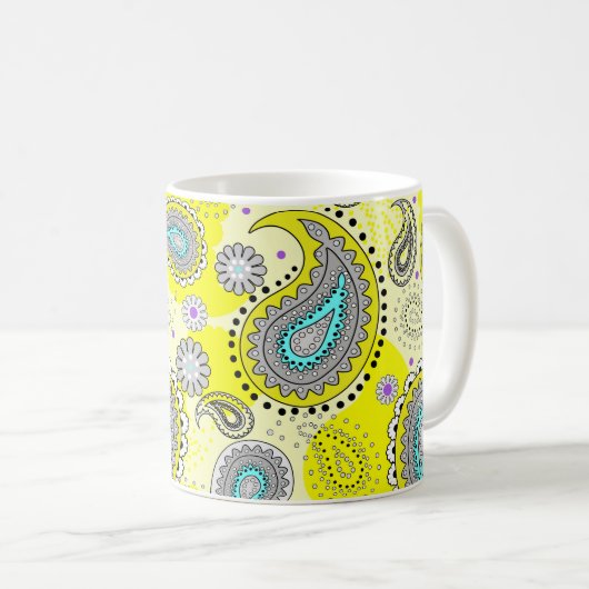 Mug Tribal Paisley Motif Lemon Yellow Turquoise (Devant droit)