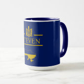 Mug Trident ukrainien avec votre nom Police dorée Bleu (Devant droit)