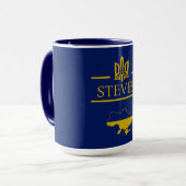 Mug Trident ukrainien avec votre nom Police dorée Bleu (Devant gauche)