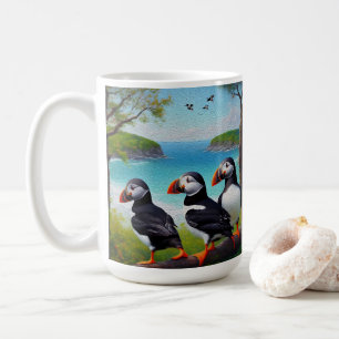 Mug Trio côtier : Trois Macareux sur la Plage en Huile