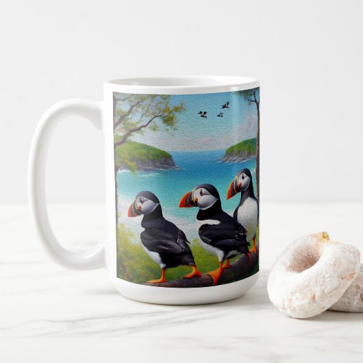 Mug Trio côtier : Trois Puffins à la plage d'Oils (Avec donut)