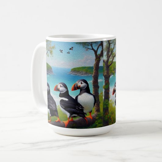 Mug Trio côtier : Trois Puffins à la plage d'Oils (Devant gauche)