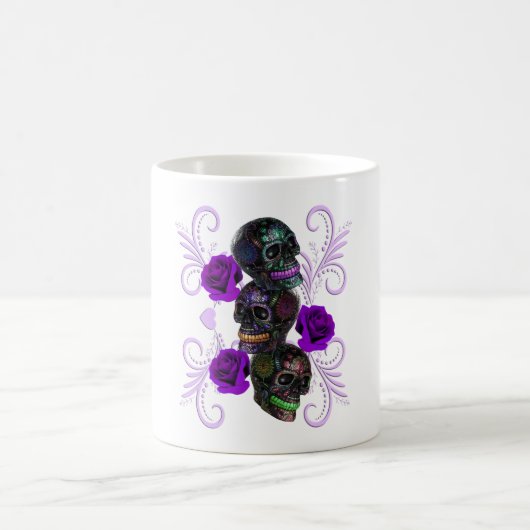 Mug Triple Jour Noir Des Crânes Morts Roses Violets (Centre)