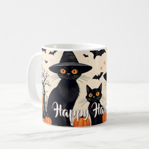 Mug Trois chats noirs avec des chapeaux à Halloween