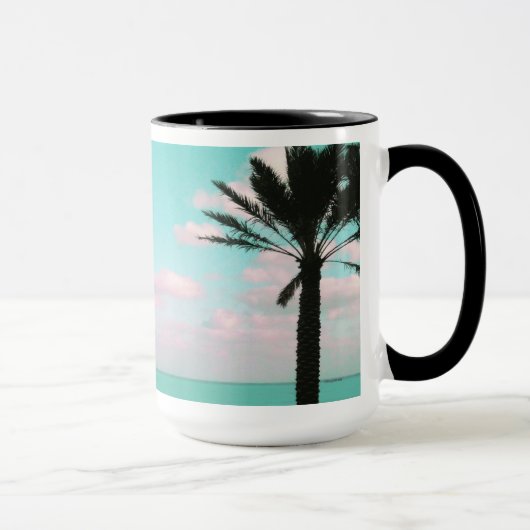 Mug Tropical Beach, Ocean View, Pink Clouds, Palm (Droite)