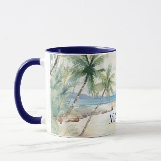 Mug Tropical beach palm trees name blue (Gauche)
