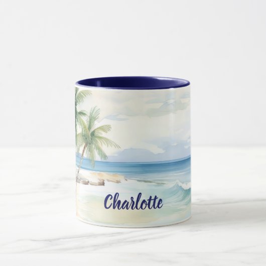 Mug Tropical beach palm trees name blue summer (Centre)