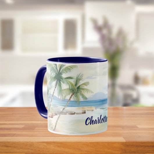 Mug Tropical beach palm trees name blue summer