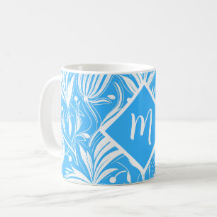 Mug Tropical Blue Floral Pattern Diamond Monogramme