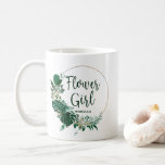 Mug Tropical Palm Gold Circle Flower personnalisée<br><div class="desc">Foliage Tropical Tendance verdure et Gold Wreath Circle Personnalisé Flower Coffee Mugs - avec couronne de feuilles tropicales. Une idée de cadeau de fête de mariée amusante, ou de tenir tout le swag mariage pour vos demoiselles d'honneur, dans une palette de couleurs audacieuses de verts, d'émeraude et d'or. Ce design...</div>