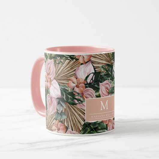 Mug Tropical rose Peache fleurs jungle feuille (Devant gauche)