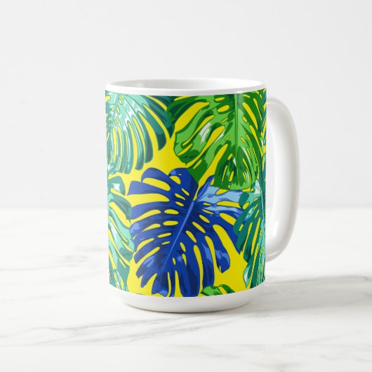 Mug Tropical Vert Bleu Jaune Monstera Jungle Feuilles (Devant droit)