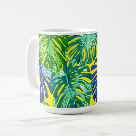 Mug Tropical Vert Bleu Jaune Monstera Jungle Feuilles (Devant gauche)