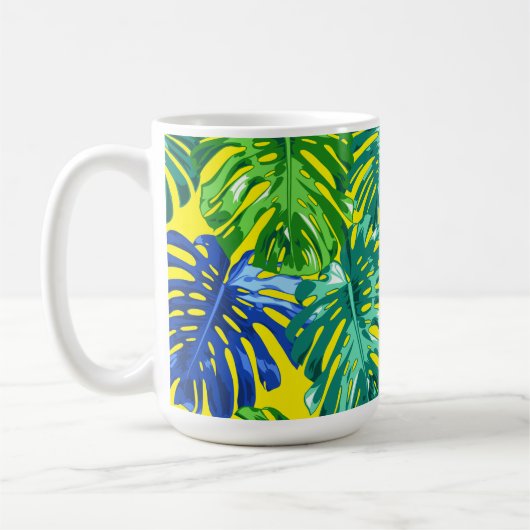Mug Tropical Vert Bleu Jaune Monstera Jungle Feuilles (Gauche)